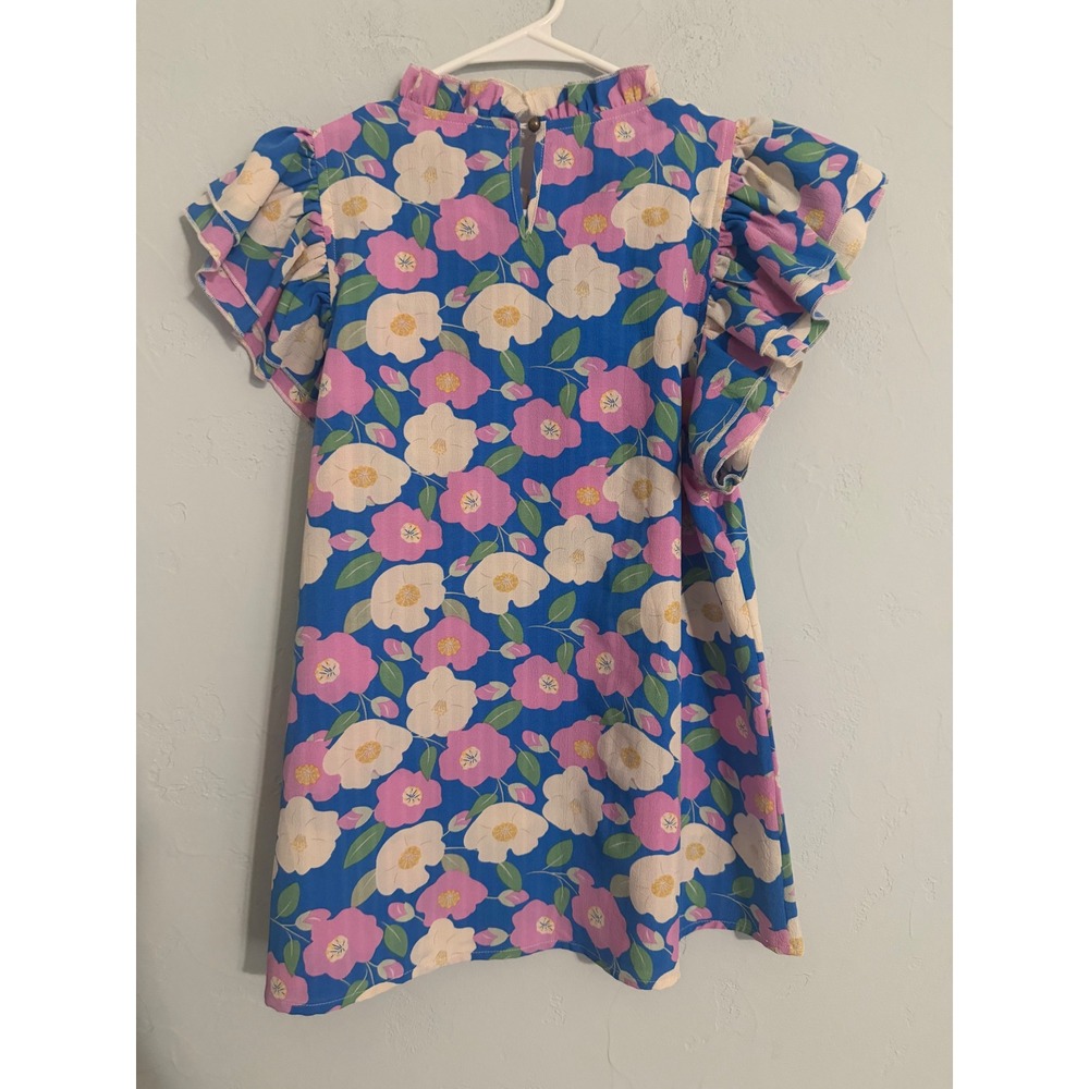 Shop the Mint Blue Pink Floral Ruffle Flutter Sleeve High Neck‎ Blouse Medium - Picture 2 of 5